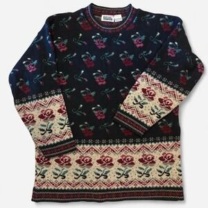 Vtg 90s Sweater‎ Basic Editions Floral Rose Lily Cottage Pullover ML Black Pink